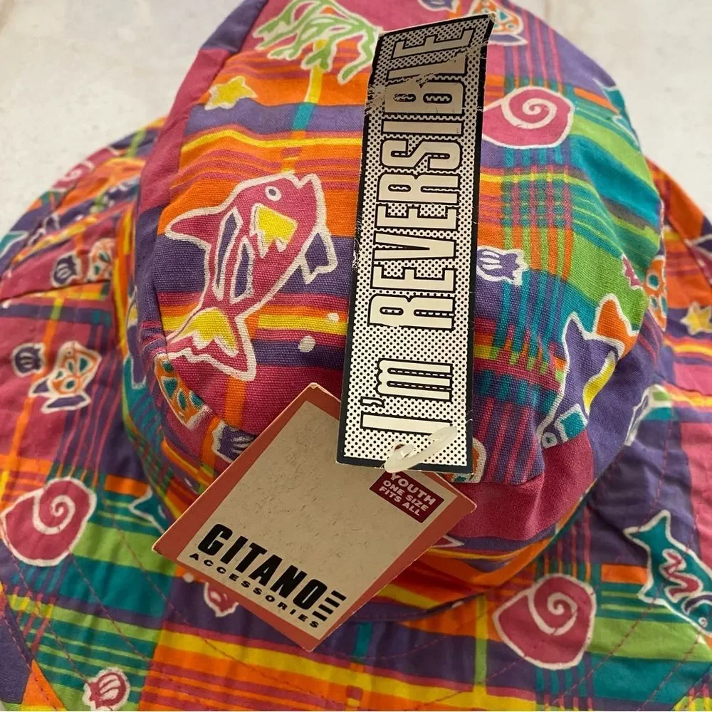Vintage Deadstock With Tags Gitano Multicolor Multi Print Reversible Bucket Hat